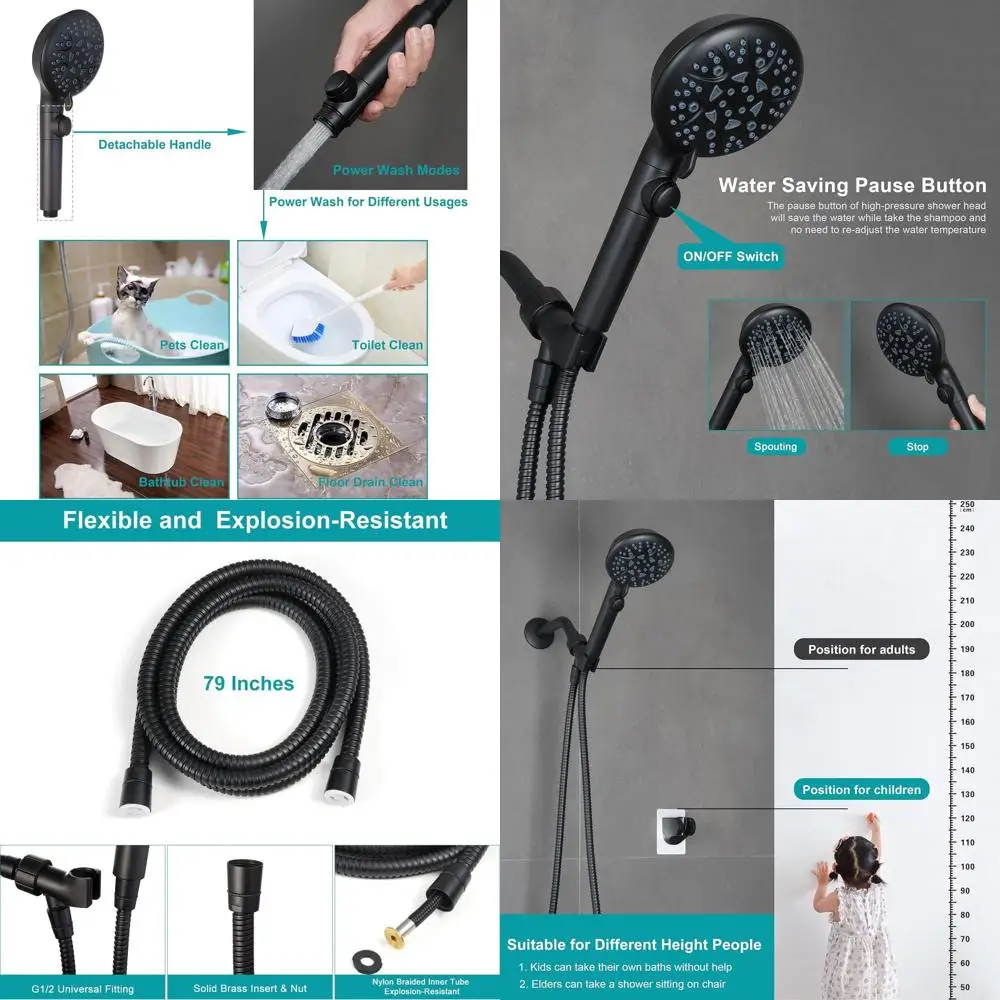 

8-Setting High-Pressure Shower Wand with On/Off Switch, Long Hose, Bracket, and Adhesive Holder, Power Wash for Tubs, Tiles, and