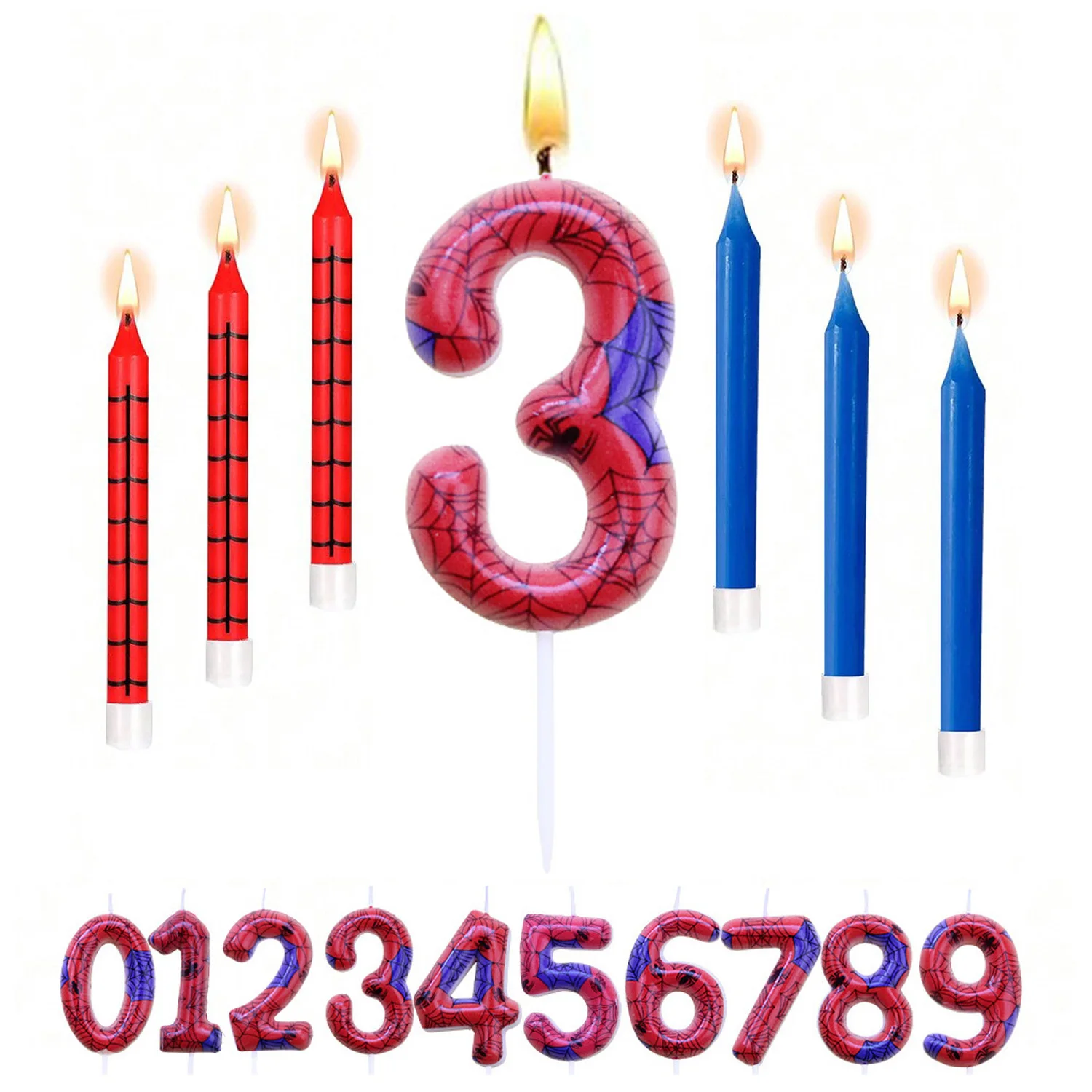7pcs Spider Themed Birthday Candle Number 0-9 Candle Birthday Cake Candle Party Decoration Cake Topper for Party Decoration