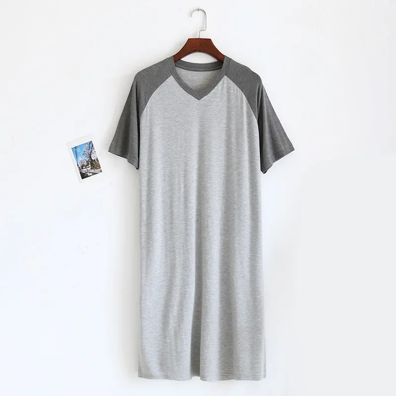 Man Summer Vintage Patchwork Thin Modal One-piece Nightgowns V-neck Short Sleeve Stitching Mid-length Loungewear Nightdress