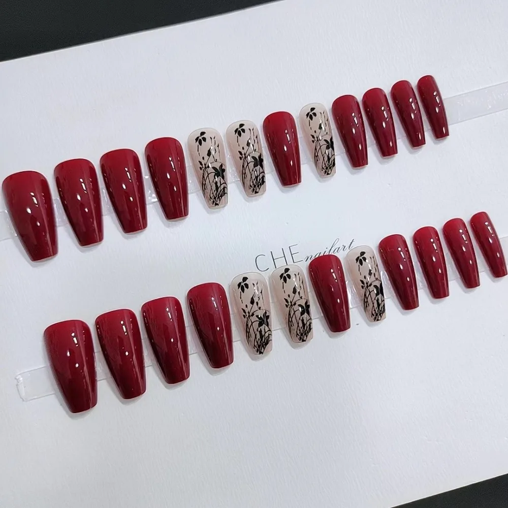 Long Trapezoidal Shape French Fake Nails Wearable Manicure Vintage Style Wine Red Almond False Nail Full Cover Press on Nails
