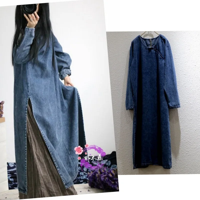 Women Denim Dresses Loose Slit Dress Solid Frog Closure Round Neck Long Sleeve Floor Lenth Office Lady Casual 2025 Spring Autumn