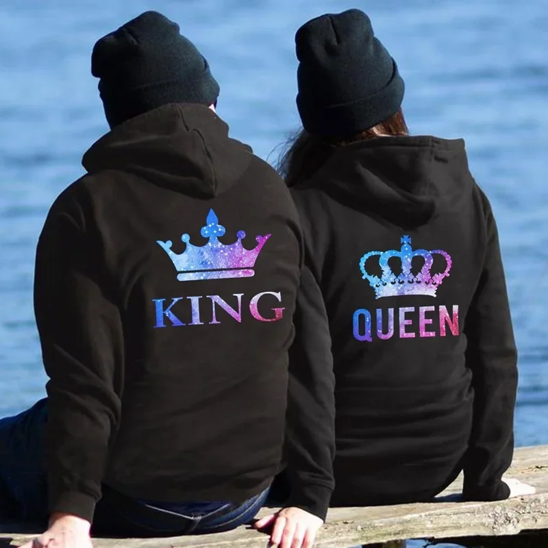 New Couples QUEEN KING Print Hooded Long Sleeve Women Men Couple Sweatshirt Pullover Hoodies