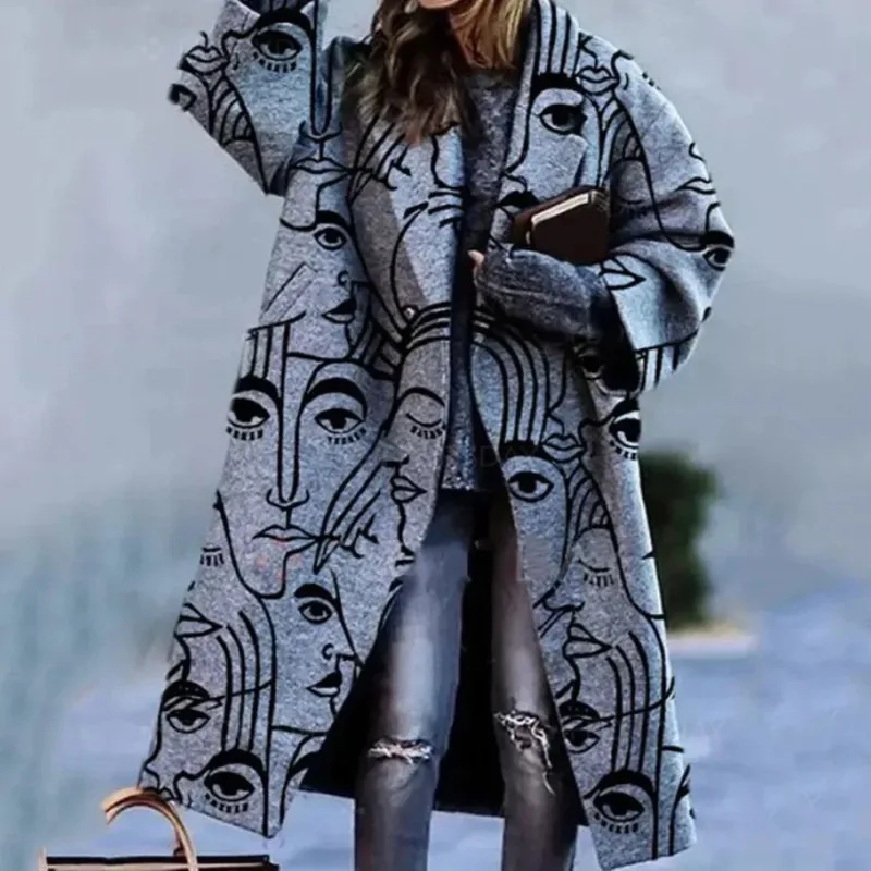 Women Printed Casual Long Sleeve Autumn Winter Fashion Loose Coat Wool Blend Jacket Trench