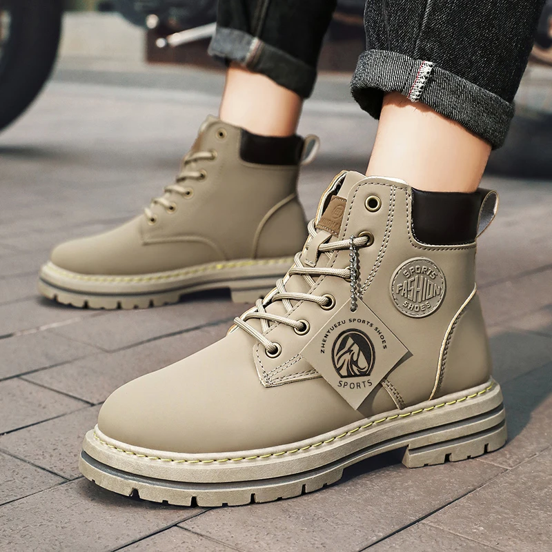 أحذية شتوية للرجال من الجلد مقاومة للماء أحذية عالية الجودة عصرية ومتعددة الاستخدامات للدراجات النارية أحذية دافئة بأربطة ونعال مضادة للانزلاق