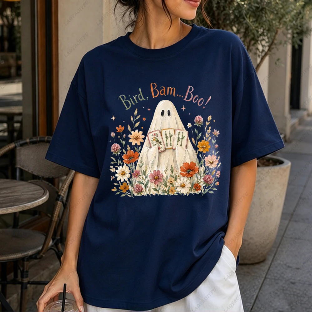 Bird Bam Boo Halloween Ghost Mahjong Graphic Women Casual Short Sleeve Cotton T-Shirt Floral Wildflower Funny Game Lover Tops