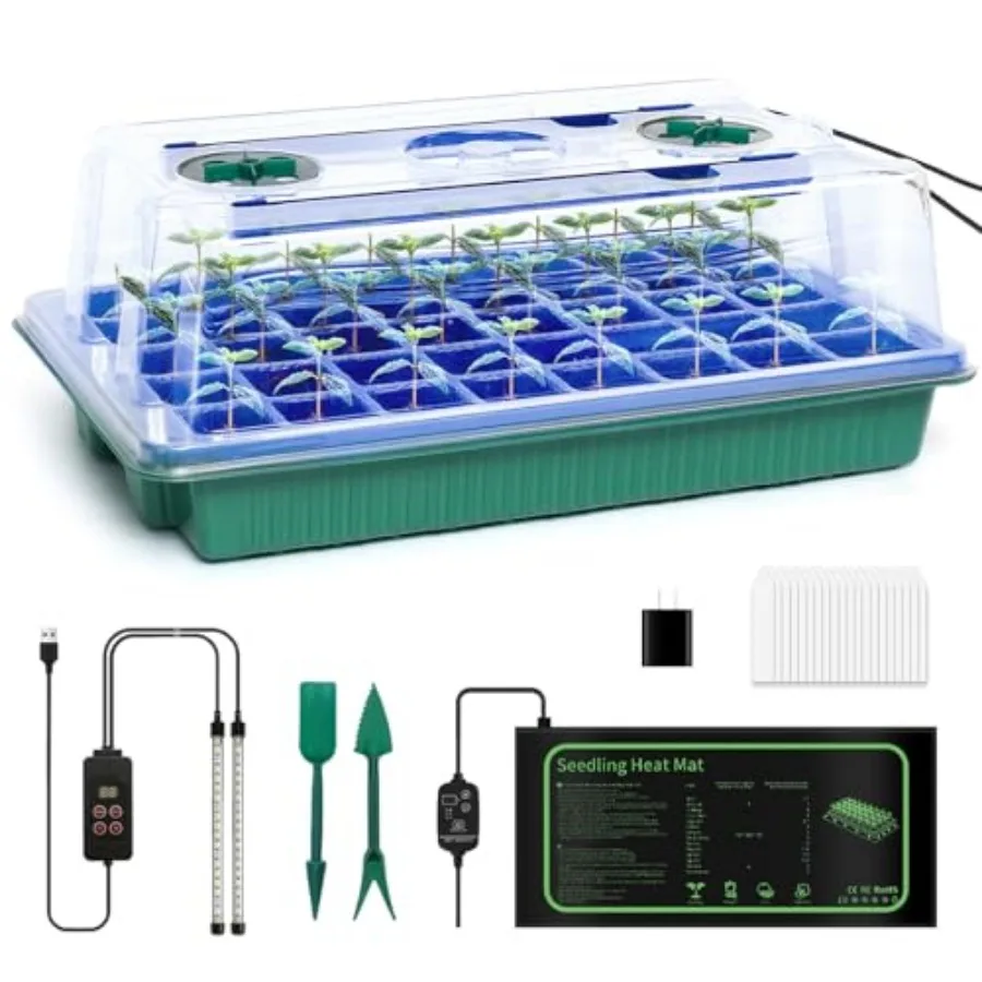 

Набор для проращивания семян с фитолампой и графеновым нагревательным матом, многоразовый лоток для рассады с высокими куполами для поддержания влажности (4,7 дюйма), для сада и огорода