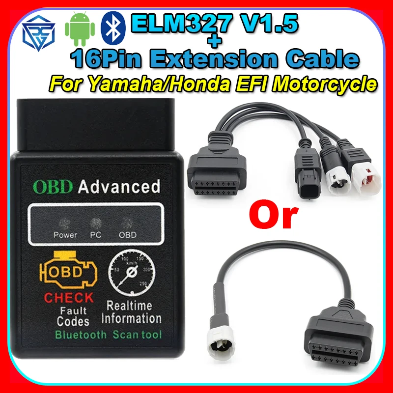 ELM327 V1.5 Bluetooth Android for Yamaha EFI Motorcycle Motorbike for Honda 3pin 3+4+6pin To 16pin OBD2 Cable ELM 327 Fault Code