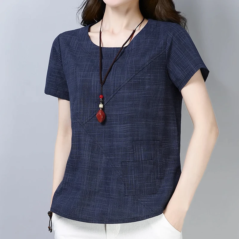 

Women's Casual Cotton Linen Blouses, Short Sleeve Tops, Round Collar Shirts, Vintage Loose Clothing, Summer, 2127