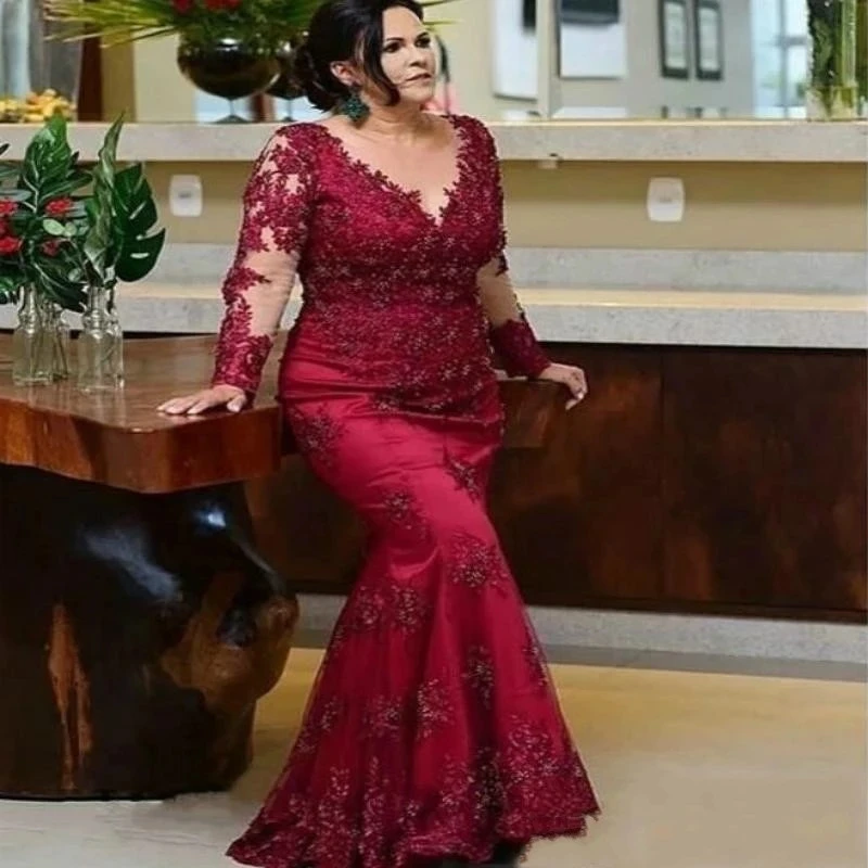 

ANGELSBRIDEP Burgundy Long Sleeves Prom Mother of the Bride Dresses Vestidos de festa Fashion Aplique Evening Party Gowns Plus