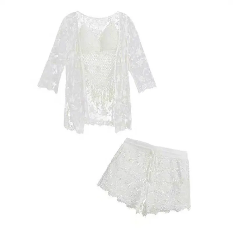 Casual Loose Boho Beach Holiday Solid Hollow Out Kni Shorts 3-Pieces Set New Sexy Backless tassels Strapless Vest Cardigan Suit