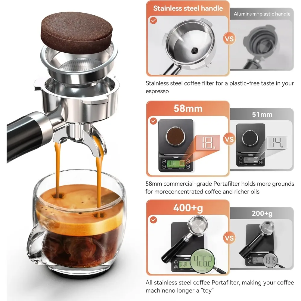 Máquina de café expreso programable, H10A, acero inoxidable cepillado, temperatura ajustable y volumen de taza, tanque de agua extraíble de 1,8 L