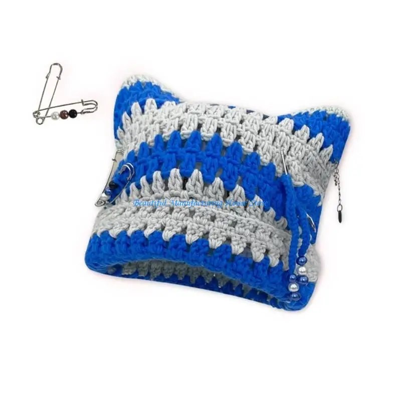 E56A Y2K Devil Striped Knitted Hat with Paper Clip Keep Warm Hat Windproof Hat