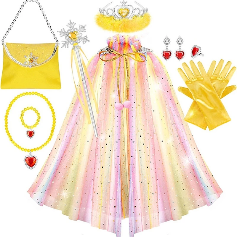 Pastel Multicolor Star Mesh Cloak Accessory Pack Toddler Belle Style Crown Scepter Bead Satin Gloves Mini Purse Holiday Outfit