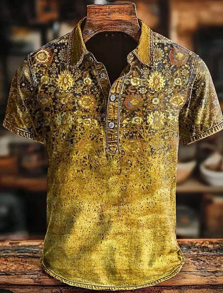 Neues Retro Vintage Batik-Streifenmuster Herren Kurzarm-Poloshirt mit Denim-Stil und lässigem Kragen – Detail 6