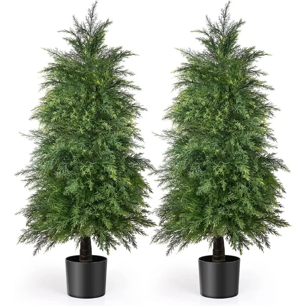 2 Pack 4ft Artificial Cedar Topiary Trees for Outdoor Front Porch Décor, UV Rated Fake Potted Plants for Indoor and Outdoor Use