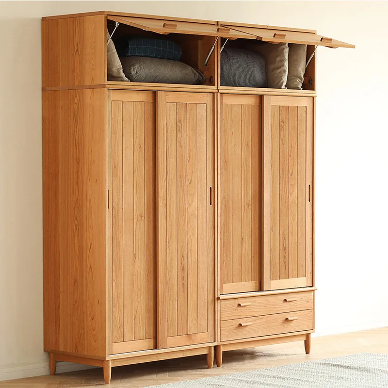 Japanese solid wood wardrobe cherry wood bedroom sliding door storage wardrobe Nordic style oak log sliding door clothes