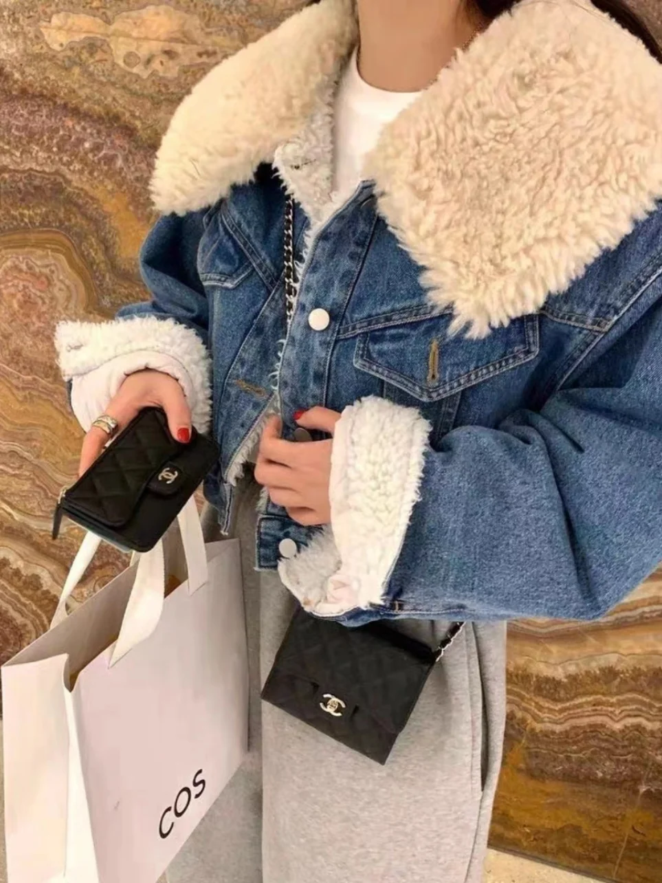

Women's Thiened ort Denim Jaet Lamb Fur Collar Vintage Sle Winter Warm Cotton Coat Casual Versatile Faionable