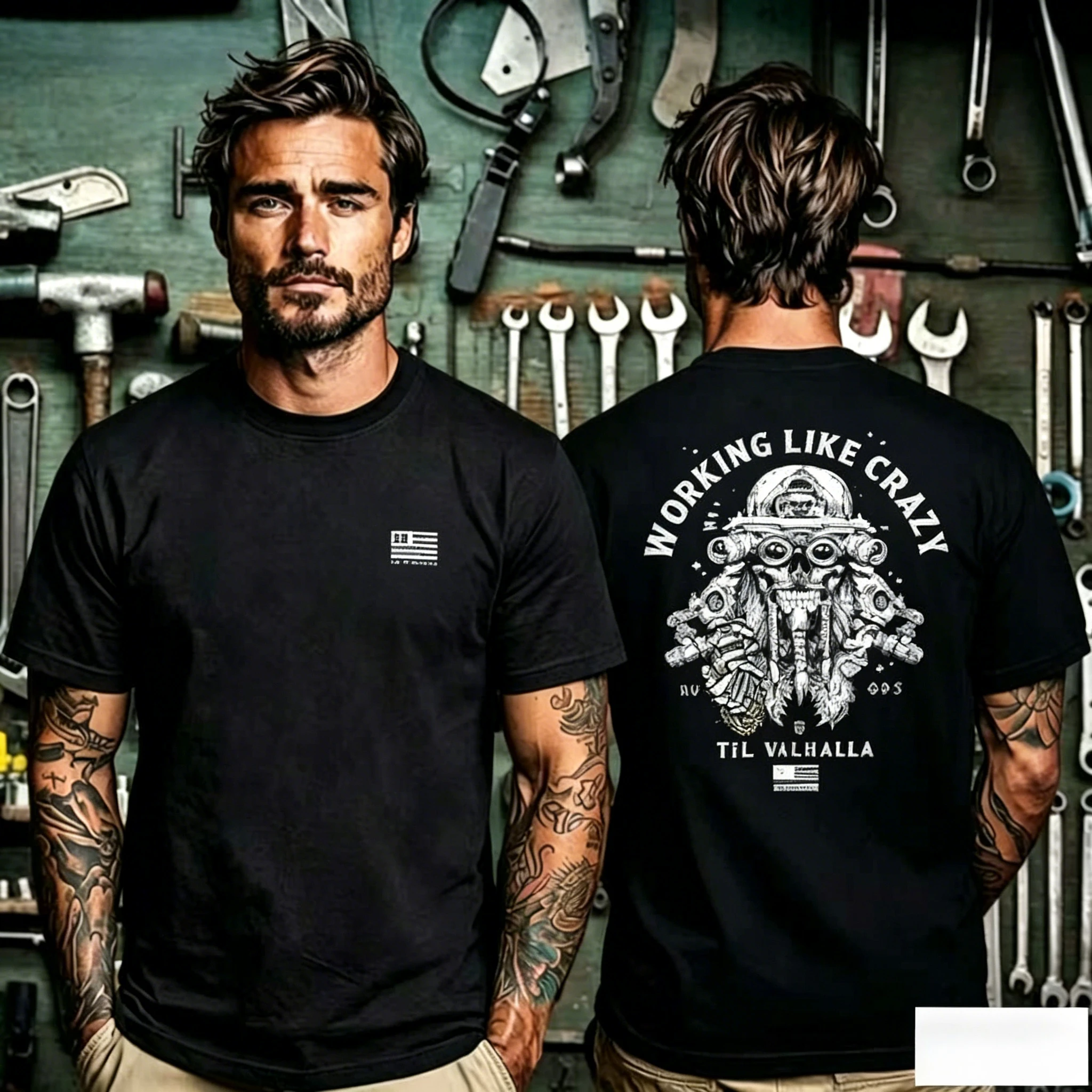 Retro Industrial Trend T Shirt, Small Distressed US Flag Patch Front and Working Like Crazy Viking Mechanical Skull Vintage Art