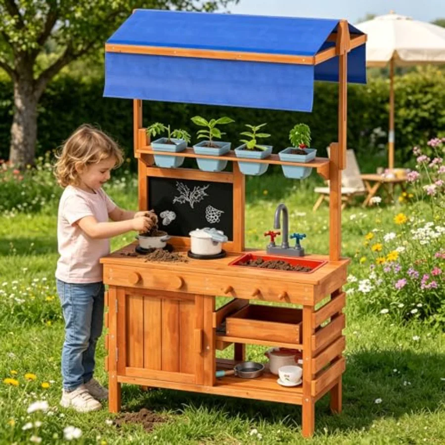 Mud Kitchen with Canopy, Fir Wood Outdoor Play Kitchen for Toddlers, 4 Planting Cups Box, Sink, Blackboard, Mud Table for Outdo