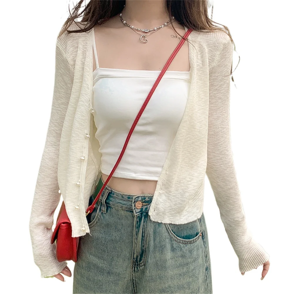 

Thin Korean Fashion Green Ice Silk Sunscreen Knit Cardigan Outerwear Top Women Summer Outdoor Shawl Air Conditioning Blouse Tops