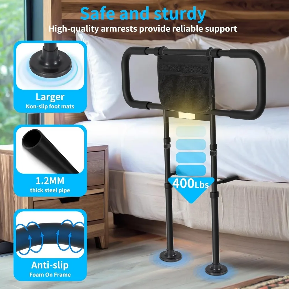 Adjustable Bed Safety Rails with Motion Sensor Light & Storage Bag - Supports 400lbs, Fits Queen King Twin Full Beds