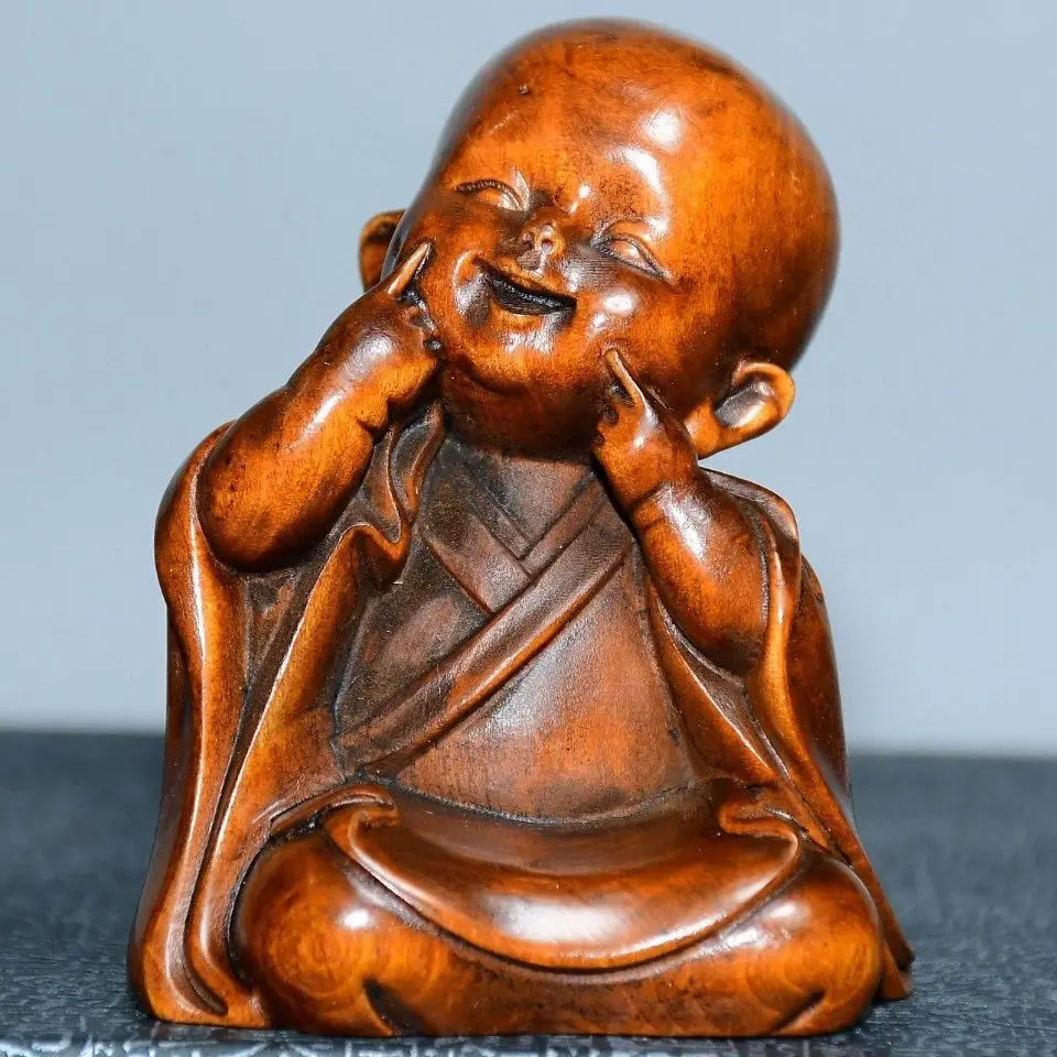 Hand Carved Wood naughty monk Statue Figurine Desktop Ornaments Home Decoration Crafts Tea Pet Decor