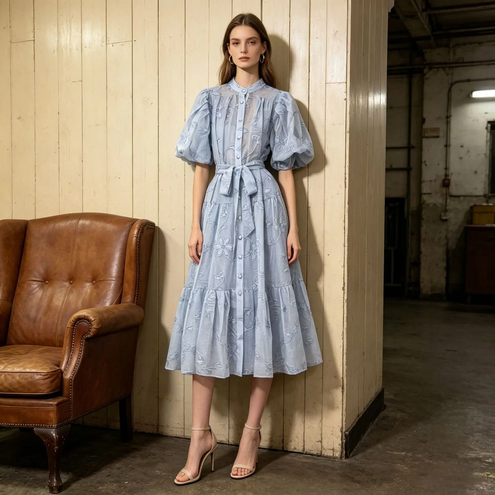 

2026 Summer Light Blue Embroidery Long Dress for Women Stand Puff Sleeve A-line Dress with Belt Casual Party Holiday Vestidos