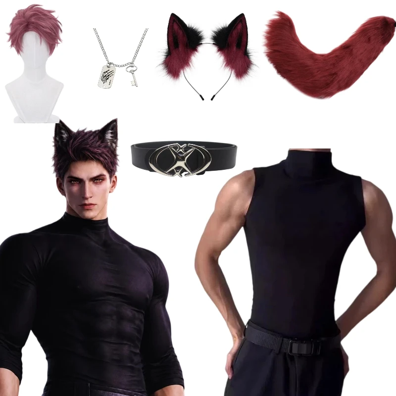 Valko Game Love And Deepspace Cosplay Pelziger Wolf Ohrenschmuck Schwanz Ao Yi Schwarze Ärmellose Sportweste Gürtel Halskette für Männer