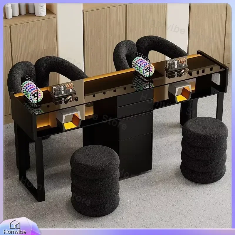 Professional Manicure Table and Chair Set Two-Seater Black Glass Nail Station with Drawer Salon Furniture for Nail Bar Barber
