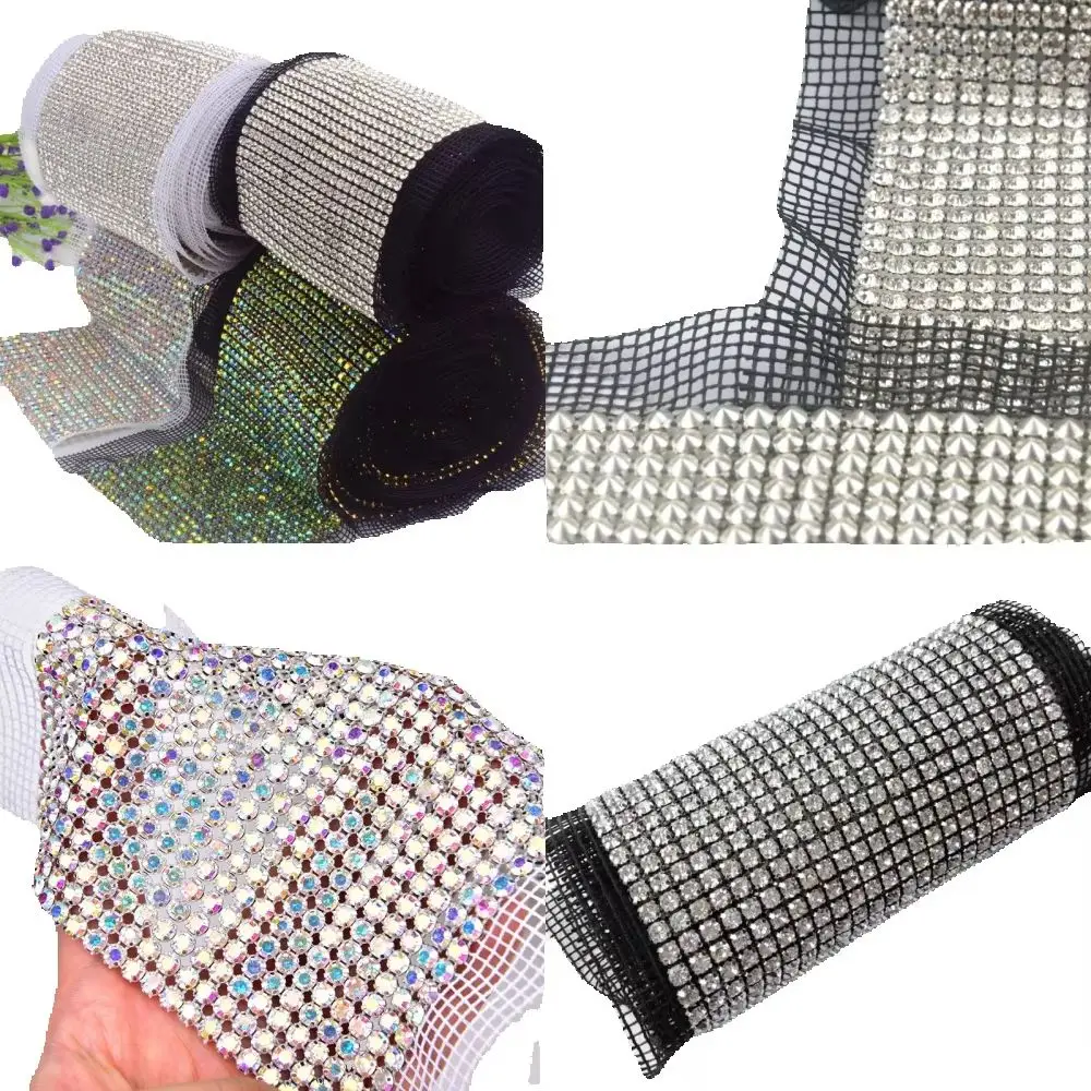 Shiny Rhinestone Fabric 24 Rows Glass Crystal Mesh Black Green AB Strass Lace Trim Sew on for DIY Bag Shoe Clothes Accessory
