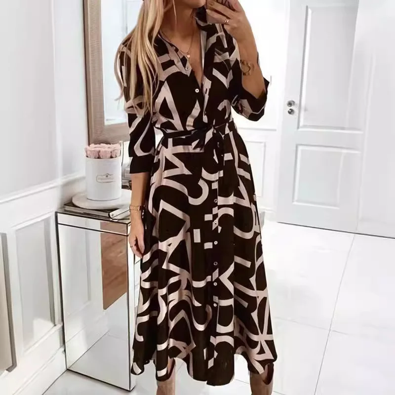 

2025 Spring New Fashion Long Sleeved Print Lace-Up Shirt Dress For Women Turn Down Collar Single Breasted Maxi Dress Femme Robes