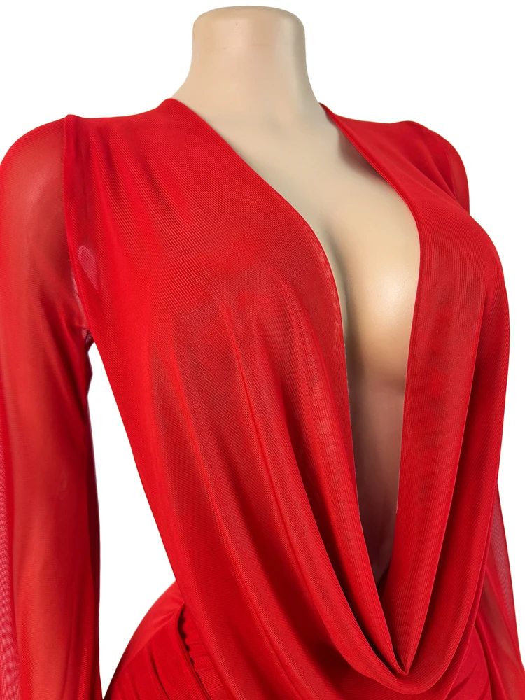 Modische Frühlings-Freizeitkleider für Damen, Transparentes Mesh-Kleid mit Tiefem V-Ausschnitt, Rückenfreies Langes Kleid mit Ausgestellten Ärmeln, Wickelkleid, Minikleid – Detail 16