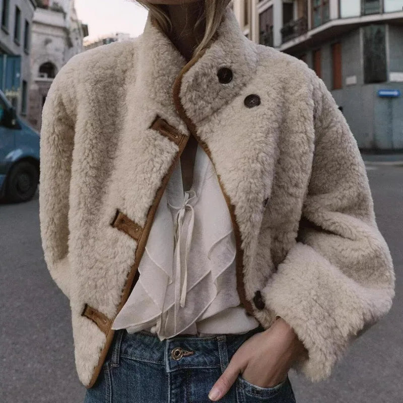 

Short Furry Coat Reversible Versatile Jacket For Women Winter Fashion Single-breasted Brown Keep Warm Comfortable Pocket Jacket