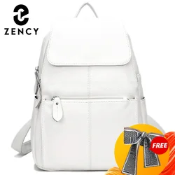 Zency Stylish White Black Genuine Leather Women Backpack A++ Quality Anti-theft Large Capacity Knapsack Travel Designer Rucksack