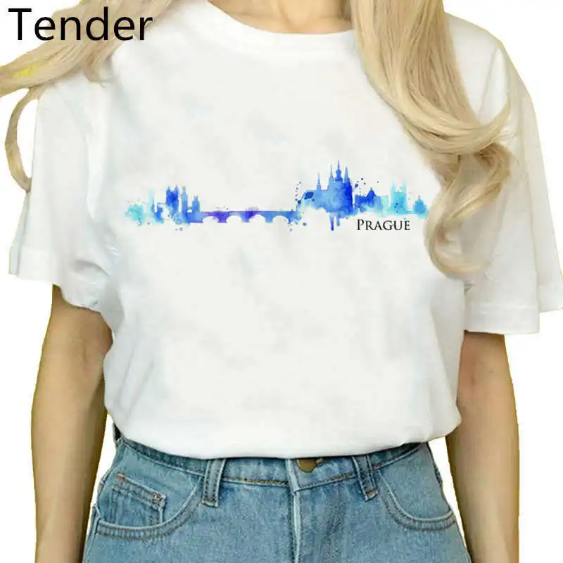 Londyn akwarela Nowy Jork punkt orientacyjny Skyline kobiety nowy biały krótki rękaw Casual Homme Cool T Shirt Roma Paris