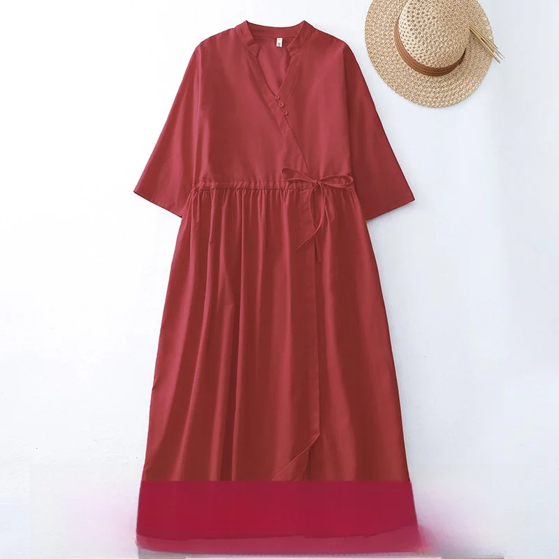 Summer New High Waist Red Dress Color Woven Hemp Drawstring Waist Belt Knee Length A-Line Skirt Cotton Blend Comfortable Brea...
