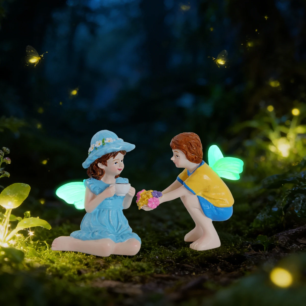 2 Spielpuppen für Jungen und Mädchen mit fluoreszierenden Flügeln, Blumenfeen, Gartendekoration, Bonsai-Statuen, Valentinstag-/Hochzeitsdekoration