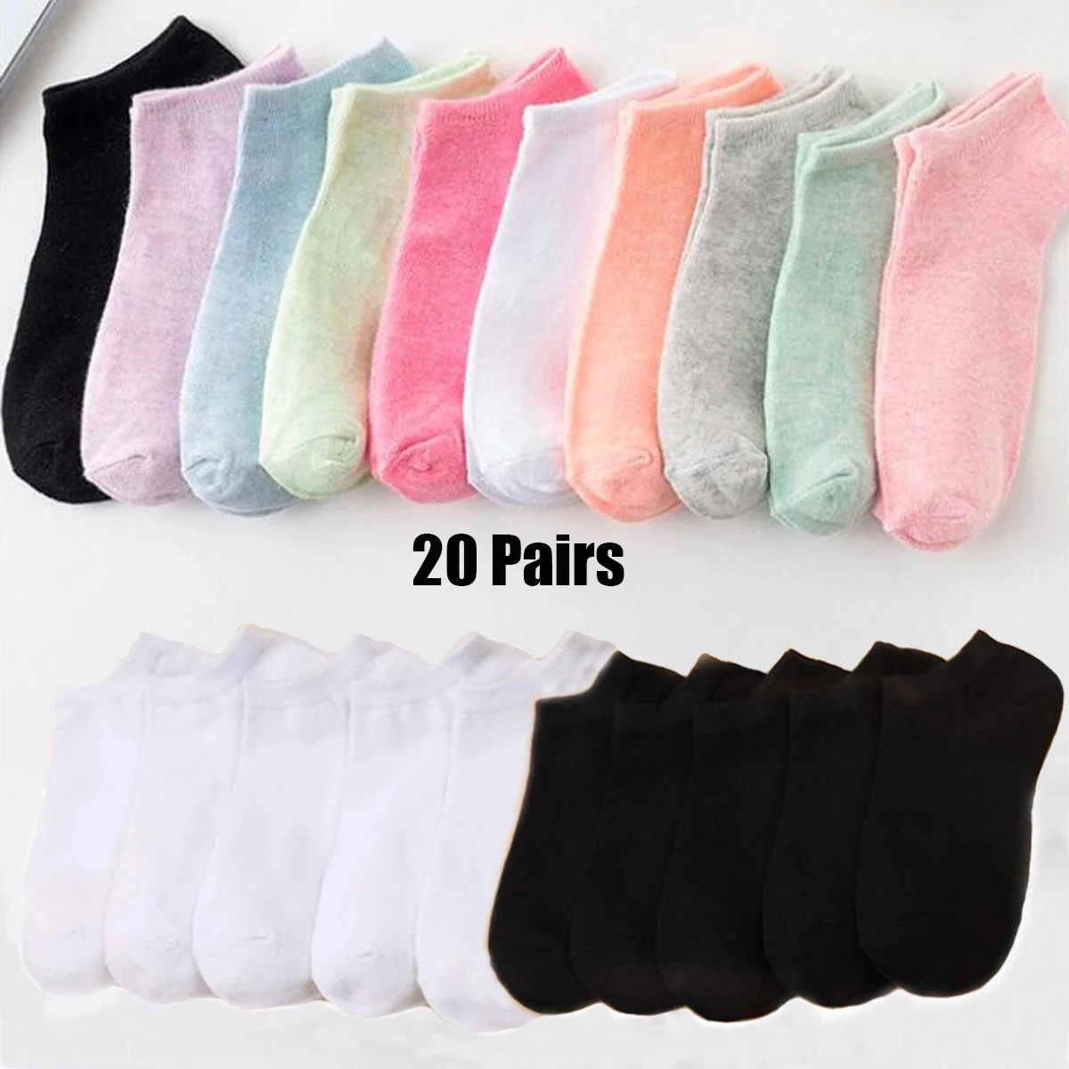 10/20 Pairs Women\' s Candy Colors Ankle Socks Invisible Black And White Breathable Sports Socks For Ladies Girls