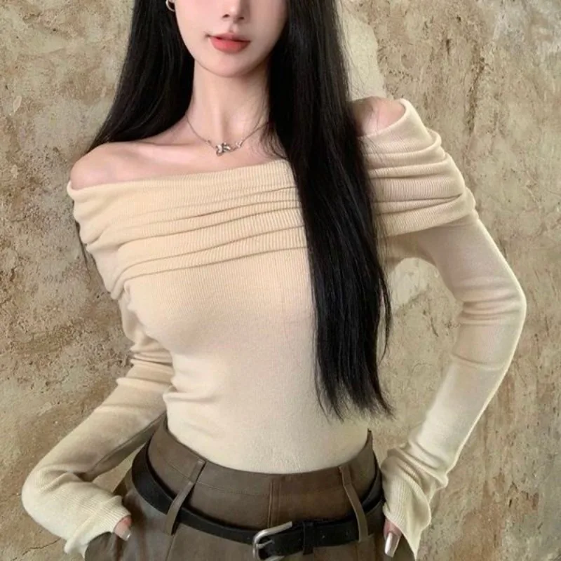 One-shoulder Knitted Sweater Sexy Pullover Women Korean Fashion Tops Y2k Clothes Long Sleeve Off-shoulder Jumper Mujer Black