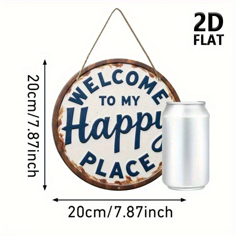 2D Flat, Handmade Rustic Farmhouse Wall Decor - 7.87 Inch Round Artificial Wood Welcome Sign with Blue 