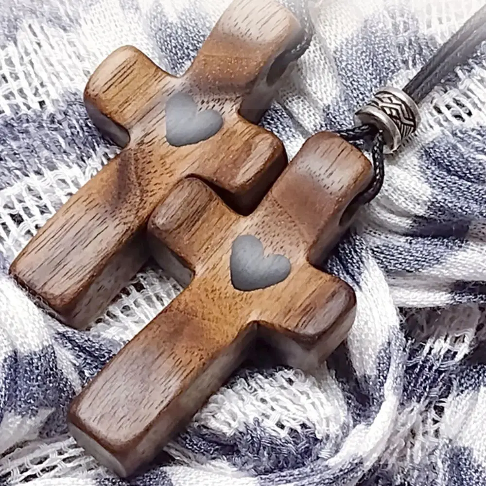 Walnut Handmade Crucifix Keychain with Silver Ring Guardian Crosses Kering Loveheart Wooden Crucifix Pendant Chain Pray