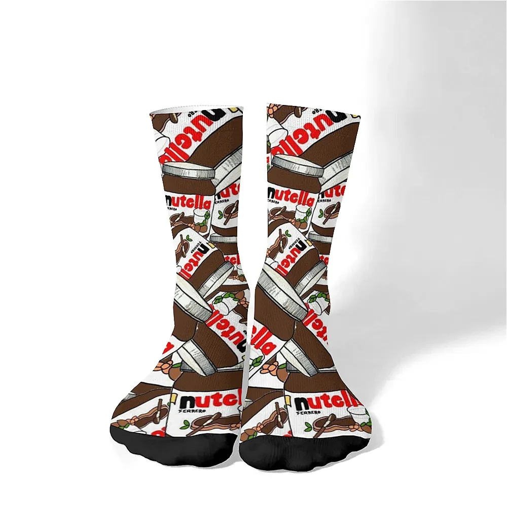 Meias masculinas engraçadas de cano médio com geléia de chocolate de desenho animado, meias inovadoras, meias confortáveis da moda, esportes de lazer de hip hop de rua.