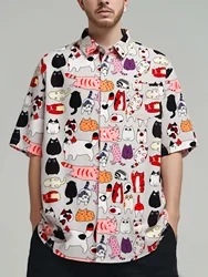 Oversized Loose Short Sleeve Shirt Men Print Cartoon Cat Retro Hiphop Casual Shirts for Summer Beach Hawaiian Clothing