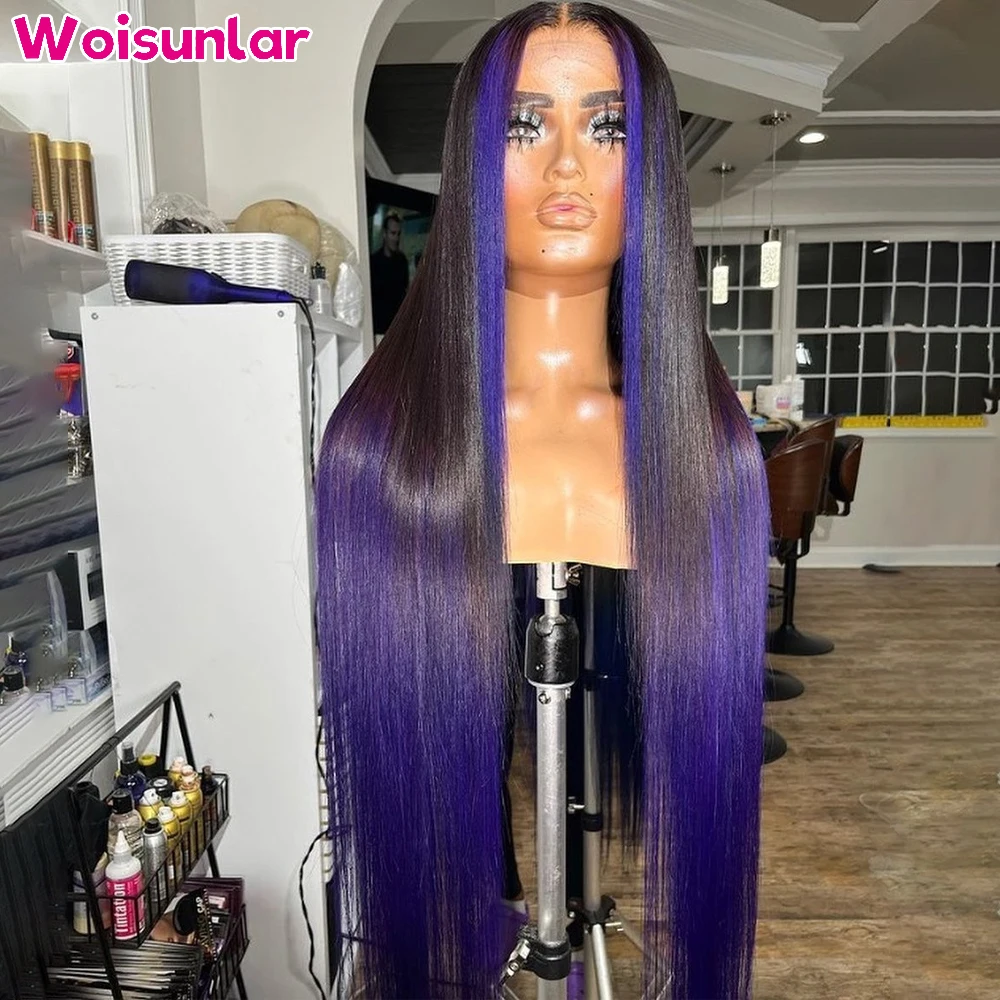 36 بوصة أومبير الأسود والأرجواني الدانتيل الجبهة خصلات الشعر المستعار الإنسان مستقيم 200% النساء السود 13x4 الدانتيل الشفاف الشعر البشري البرازيلي