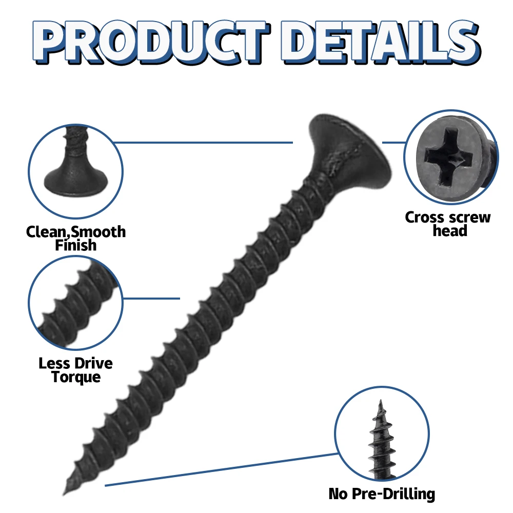 

220Pcs M3.5 Black Hardened Wood Screws Kit Drywall Screws Plasterboard Nails Phillips Flat Head Self-Tapping Carbon Steel Screws