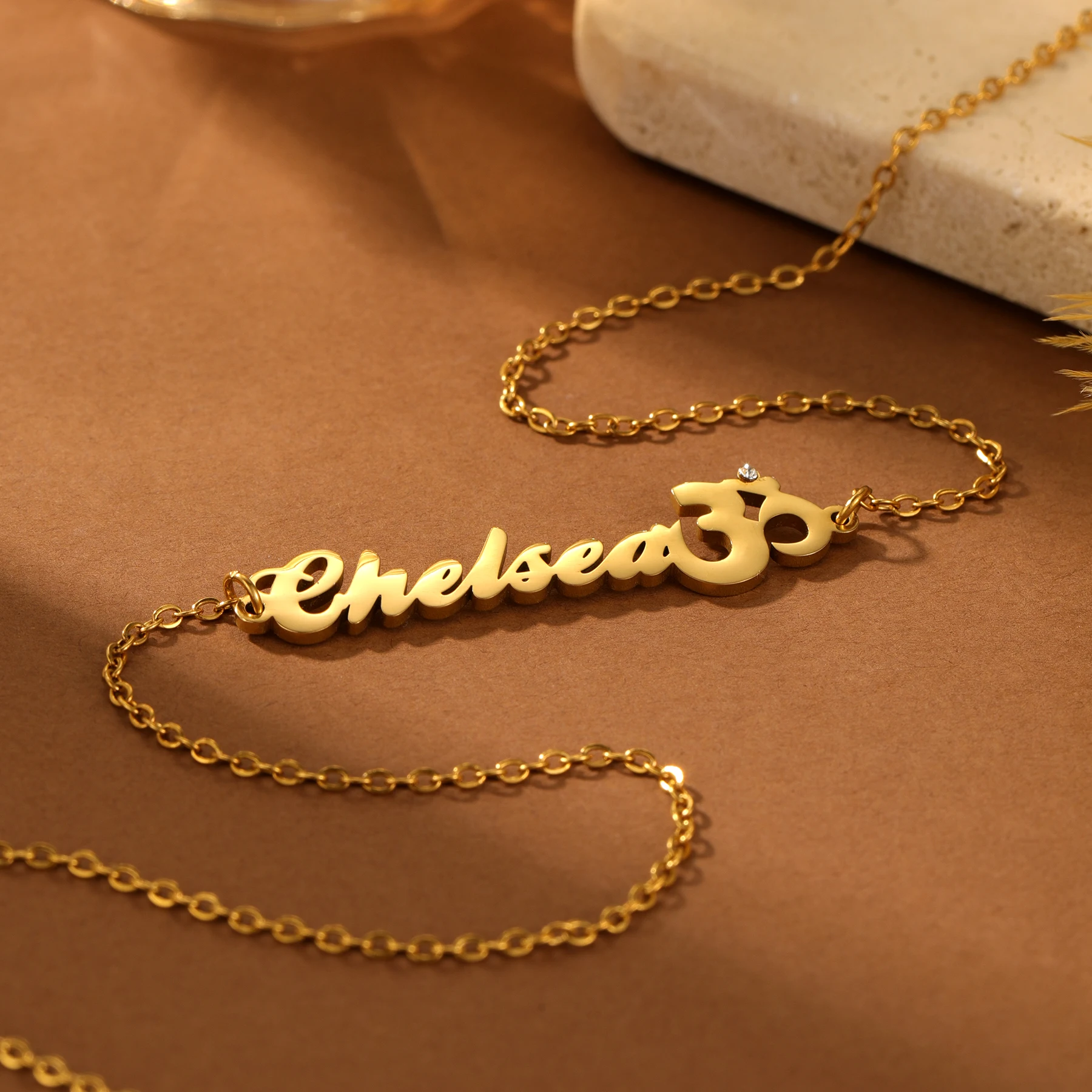 Customized English Name Necklace with Yoga Symbols Studded Diamonds 18K Gold Plated Stainless Steel Spiritual Jewelry for Her