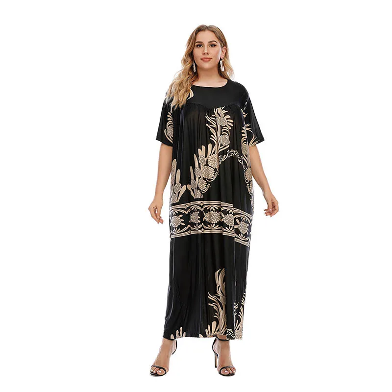 XL-4XL de talla grande para mujer, ropa de manga corta negra, vestidos largos holgados informales con estampado de moda, 2023