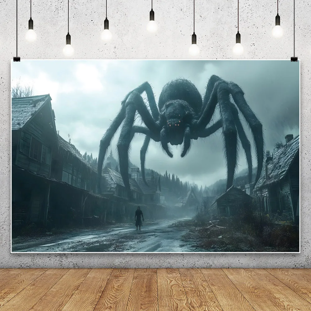 خلفية الهالوين الرعب الليلية العنكبوتية منزل خشبي مُعدل شارع رمادي السماء 2025 خلفية للتصوير الفوتوغرافي لحفلات الهالوين