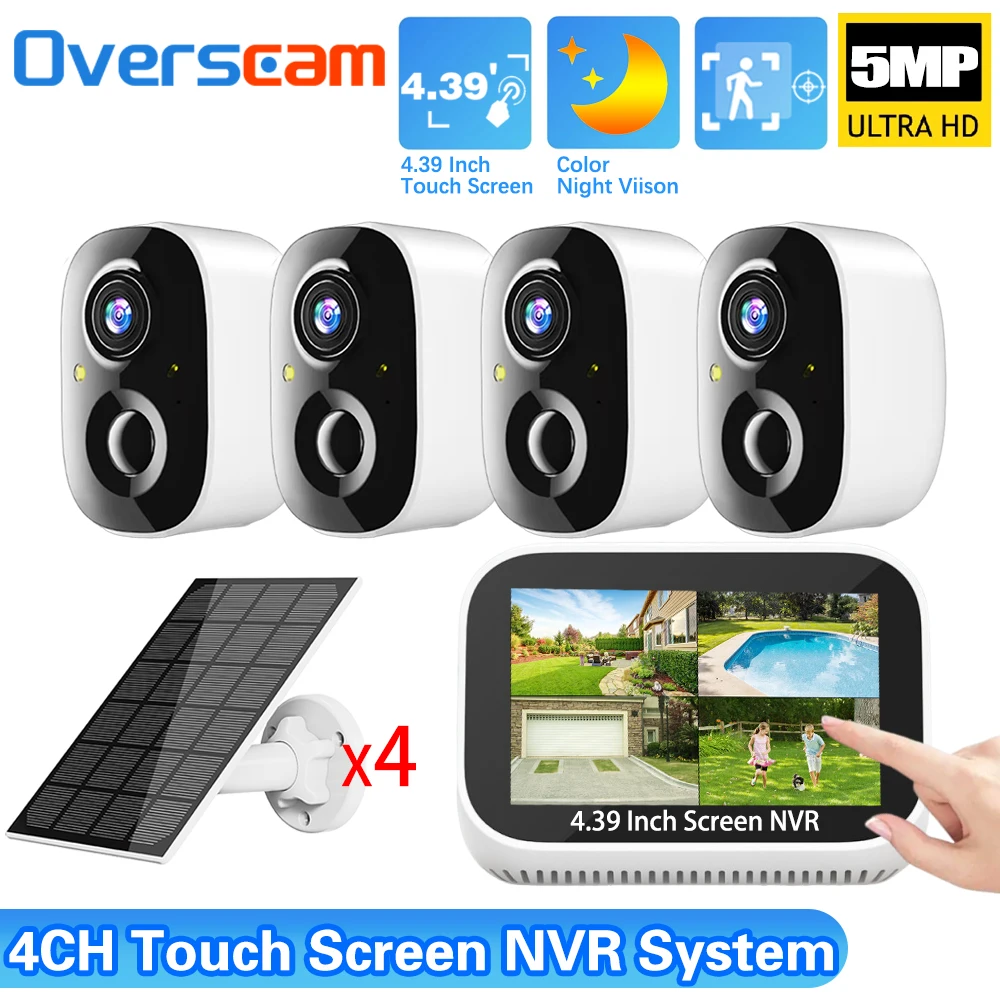

4CH Mini 4.39 Inch Touch Screen Wireless NVR 5MP Solar Battery IP Camera Color Night Vision 2Way Audio Security EseeCloud System