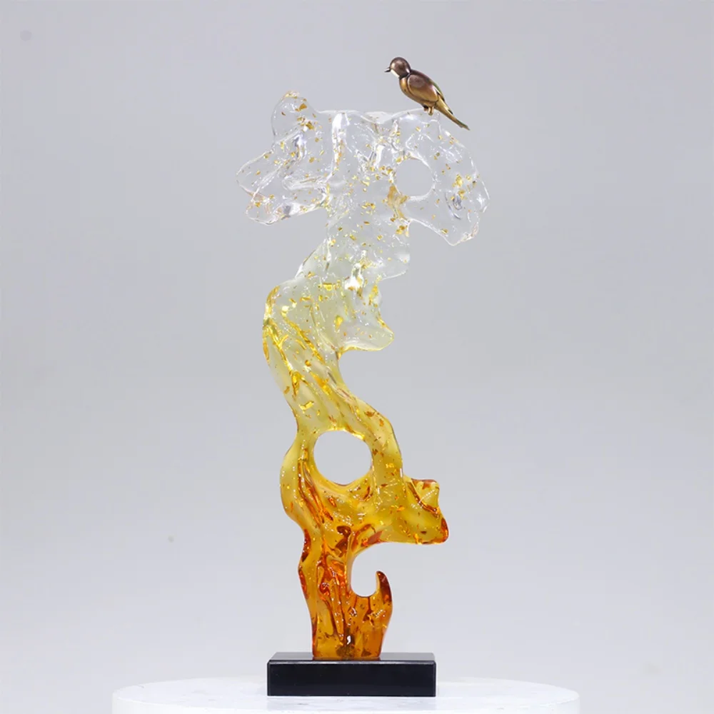 ※a Gradient Blue Transparent Resin  Stone Sculpture Metal Bird Bamboo Leaf for Luxury Commercial Space